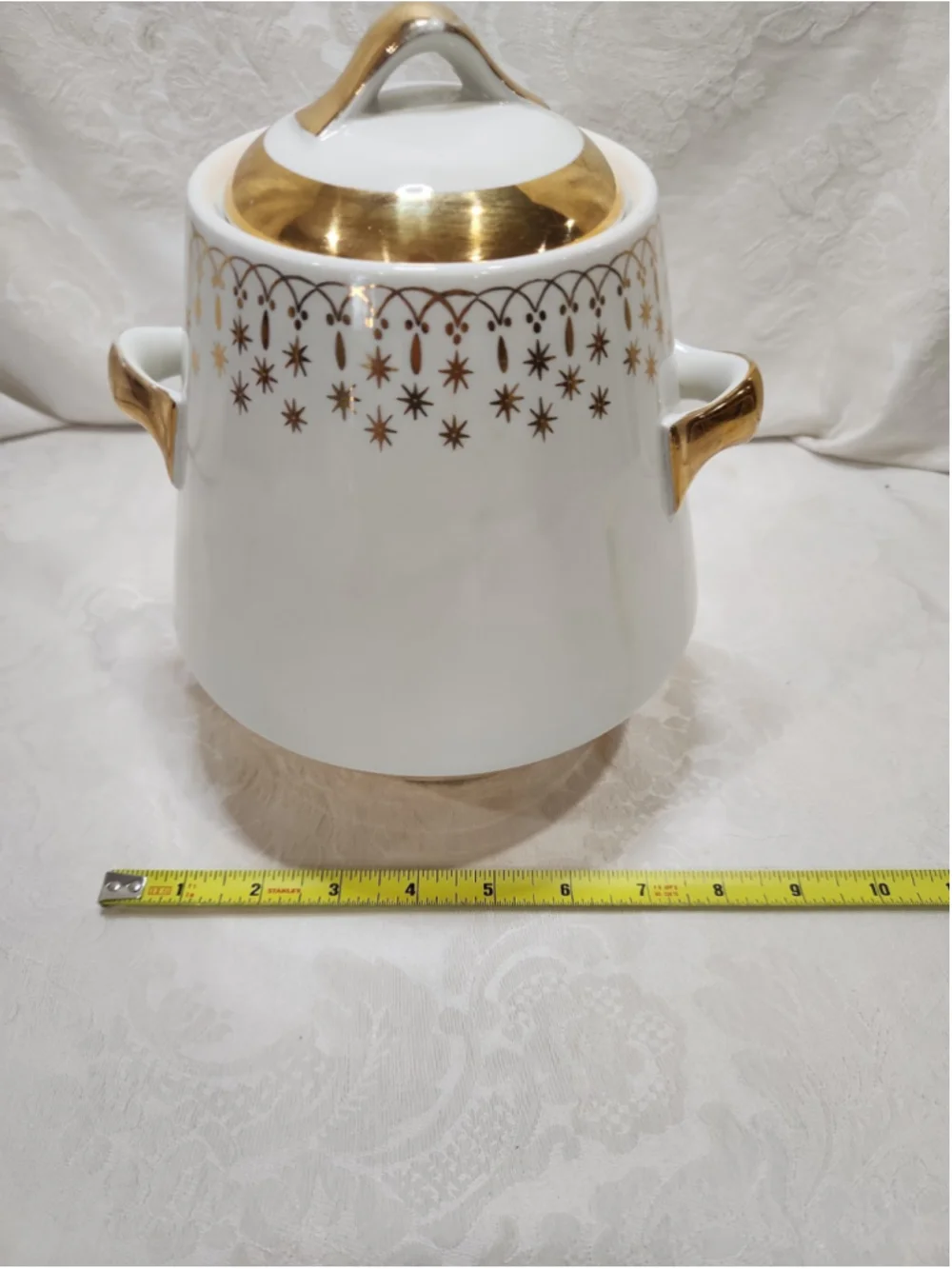 Vintage Flare Ware Hall China Lidded Cookie Jar Canister Atomic Stars Gold Lace